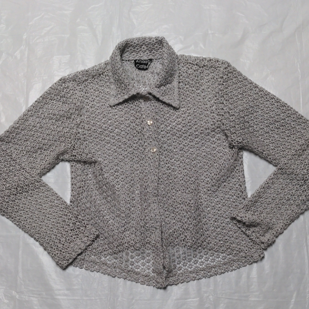 Anxiety Cafe Vintage Y2K Gray Sheer Mesh Long Sleeve Rave Shirt Whimsygoth Sz XS